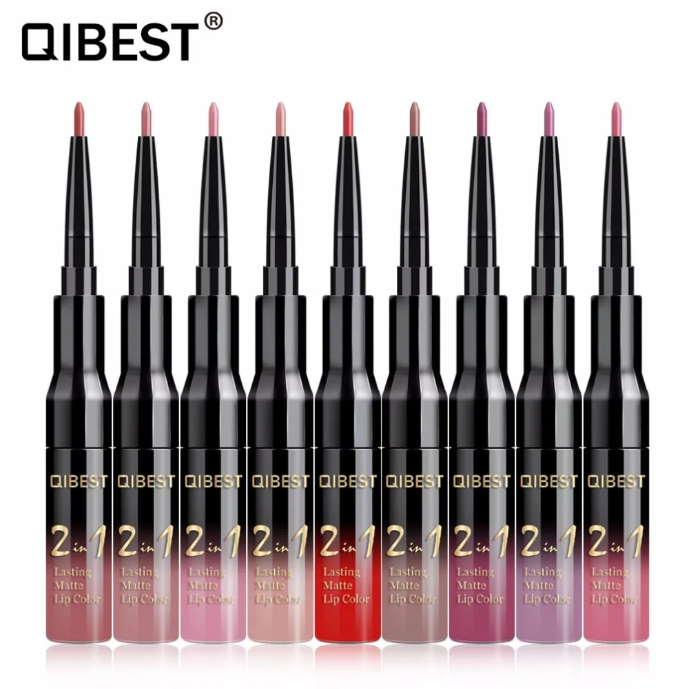 Qibest Double Head Matte Lip Gloss Lip Tint Liner Waterproof Nude Makeup Lipgloss Lasting Matt Purple Red Brown Liquid Lipstick