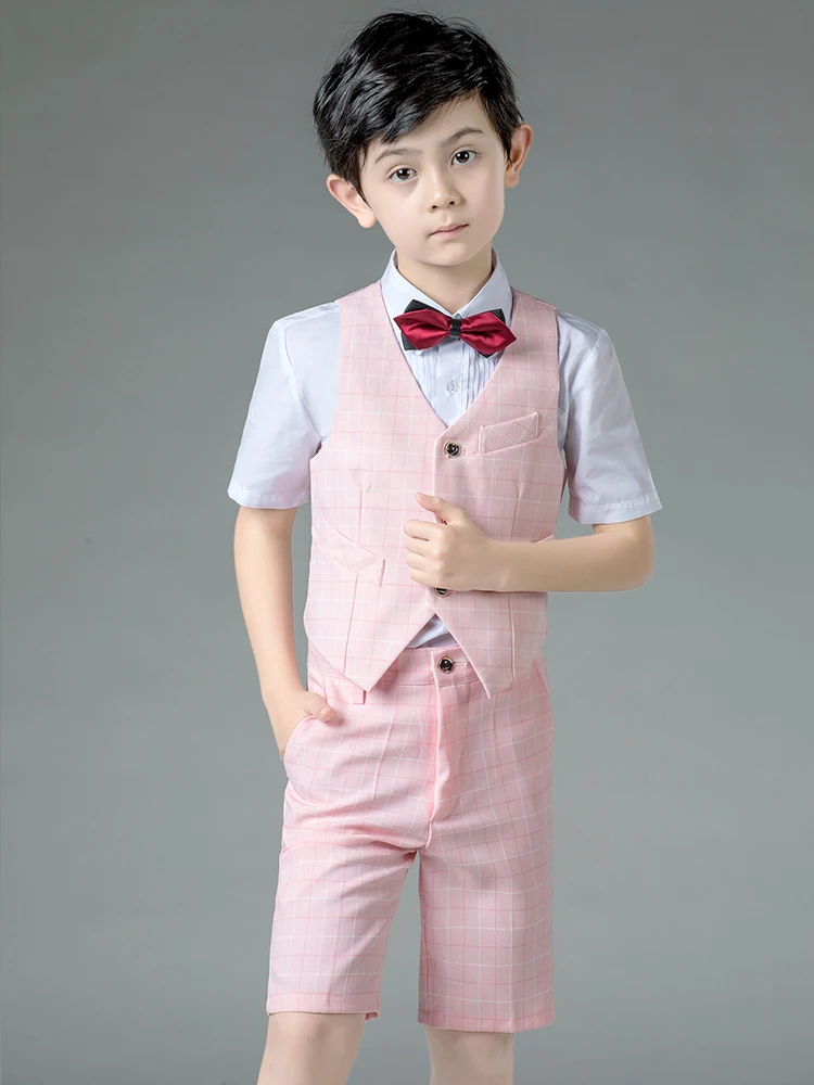 YuanLu костюмы для мальчиков, жилет с коротким рукавом, костюм для свадьбы, вечерние костюмы для детей, розовая клетчатая летняя одежда