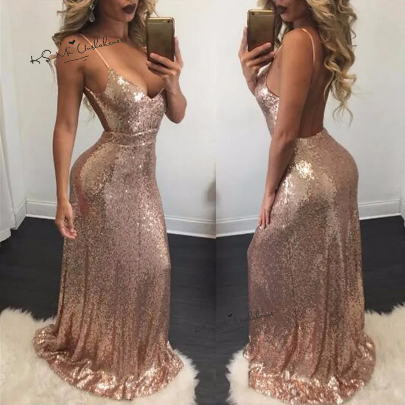 Robe de Soiree недорогие черные вечерние платья с блестками цвета шампанского, Длинные вечерние платья с открытой спиной, платья для выпускного вечера для женщин от кутюр