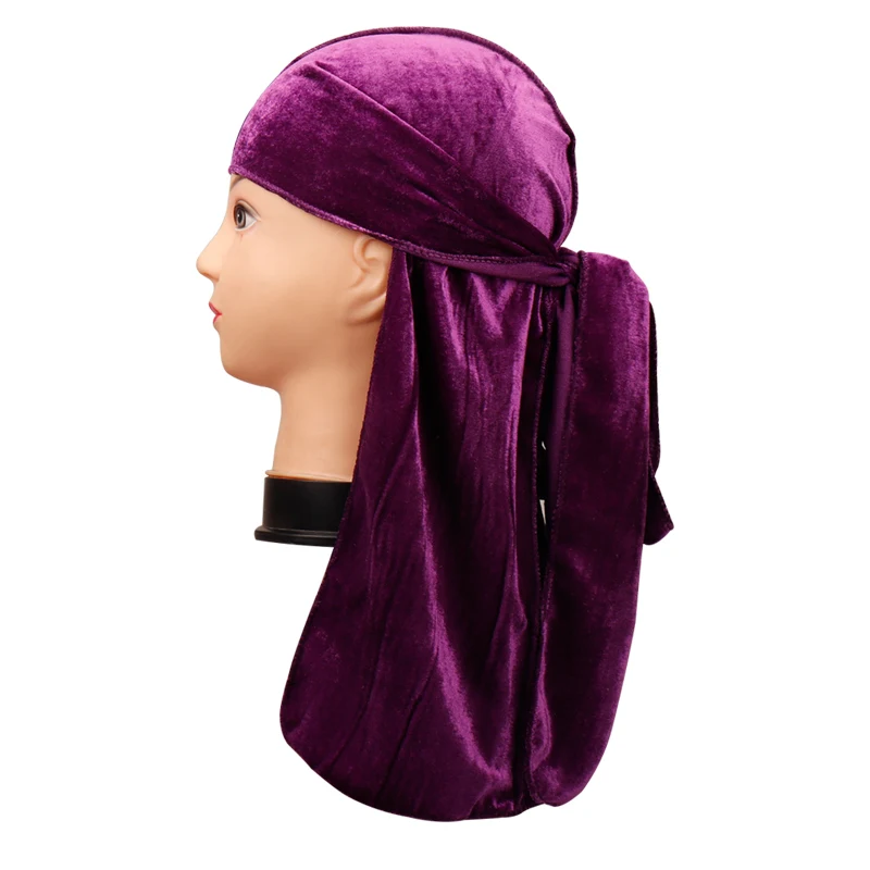 purple Velvet Hats For Women Do Doo Du Rag Long Tail Turban Headwrap Cap Biker Pirate Bandana Head Cover Outside Fashion Men Hats - Цвет: purple