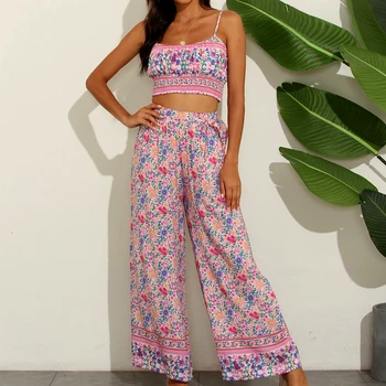 

Jastie Vintage Floral Print Two Piece Set Women Crop Top + Wide Leg Pant Boho Casual Beach Sets Vacation Summer 2 pcs Sets 2020