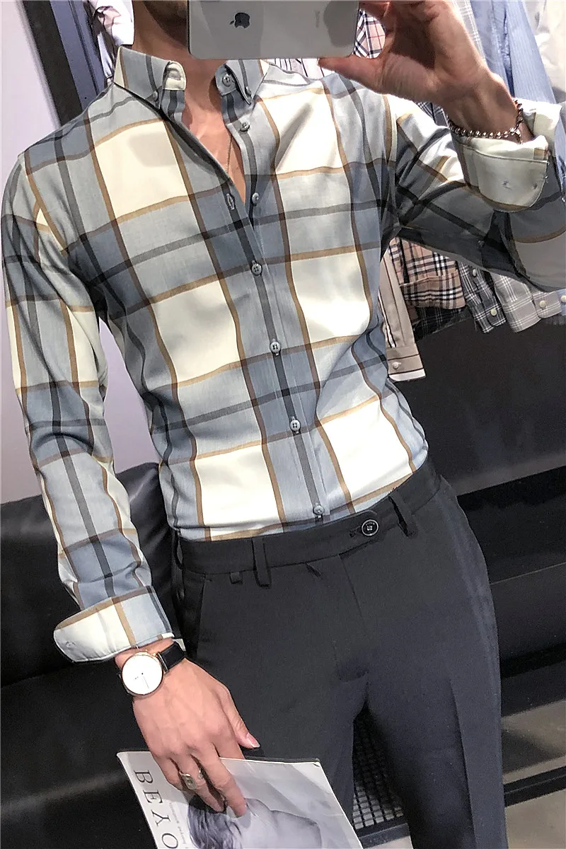 Клетчатая рубашка мужская Camisa Masculina Повседневная приталенная рубашка с длинным рукавом мужская одежда деловая официальная рубашка уличная одежда