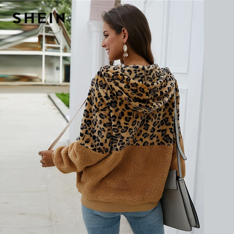 SHEIN многоцветный контрастный Леопардовый шнурок с капюшоном плюшевый жакет для женщин зима длинный рукав карман Повседневная Верхняя одежда Куртки