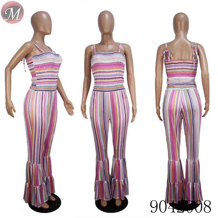 9042008 Sexy suspender smocking stitch flared women long jumpsuit