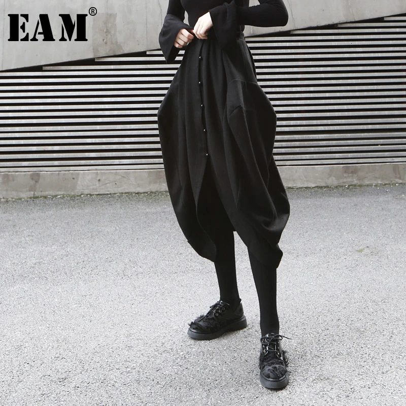 

[EAM] High Elastic Waist Black Button Split Joint Temperament Half-body Skirt Women Fashion Tide New Spring Autumn 2019 1D833