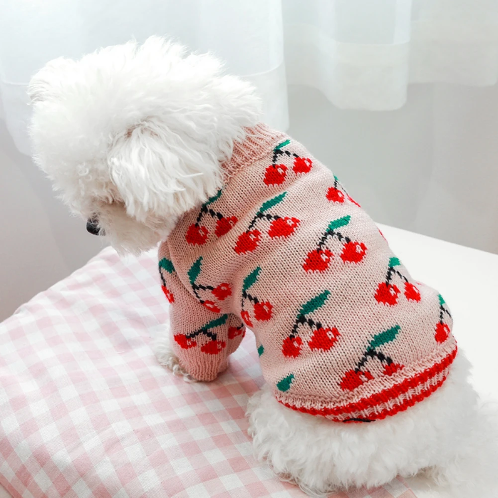 Dog Cat Knited Sweater Cherry Print Dog Jumper For Small Dogs Warm Love