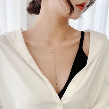 

925 Sterling Silver Bar Pendant Women Trendy Zircon Circle Necklace Pendant Female Wedding Engagement Fine Jewelry NK037