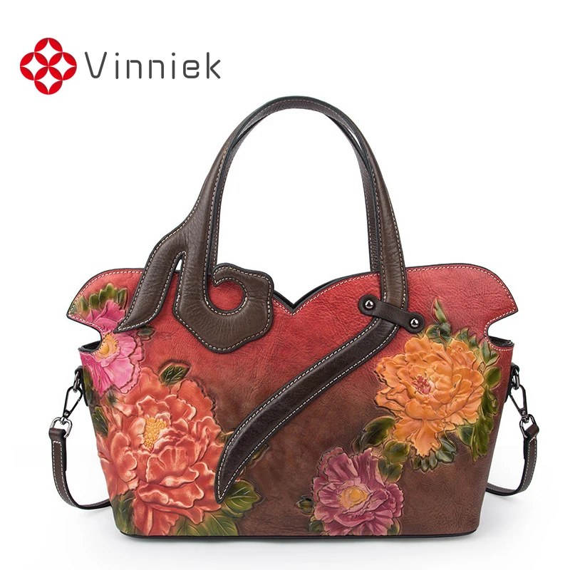 

Vintage Genuine Leather Women Handbag Handmade Embossed Shoulder Bags Flowers Designer Large Capacity Women Tote Cross Body Bags