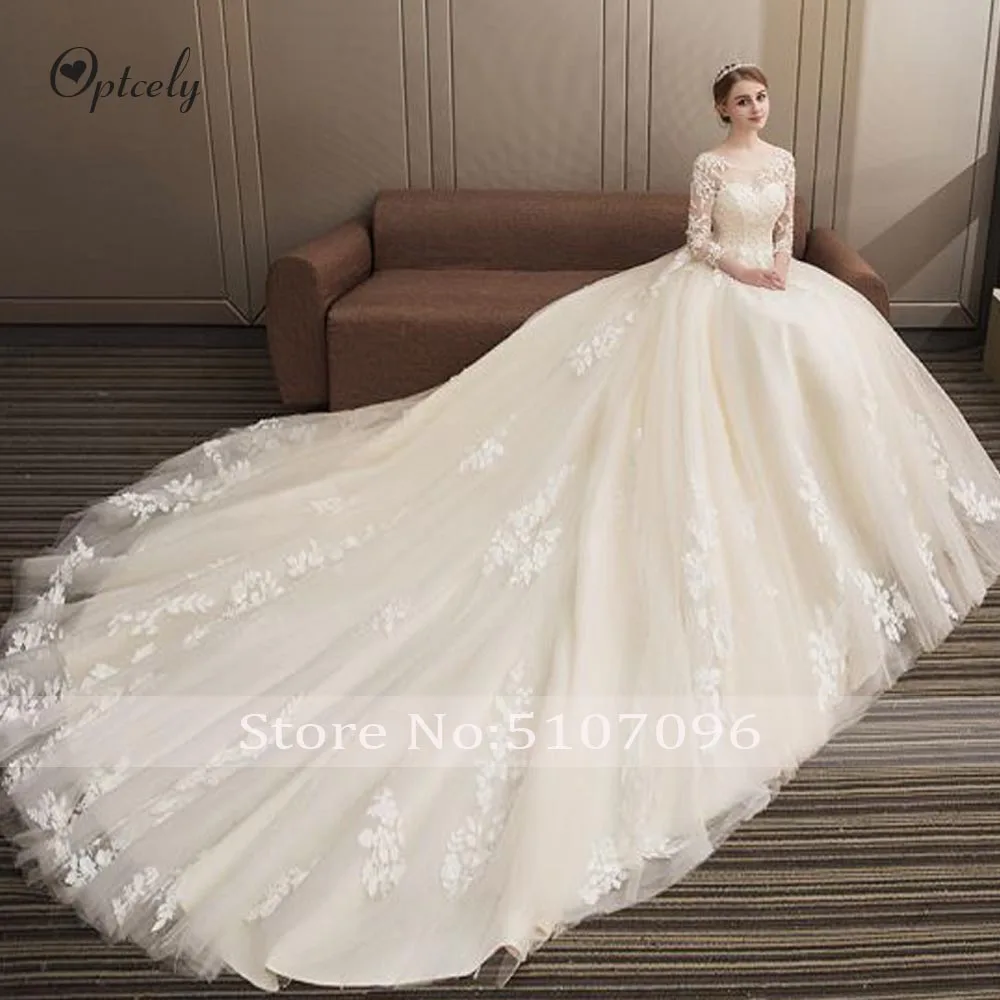 Optcely Exquisite O-Neck Three Quarter Ball Gowns Wedding Dresses Train Appliques Beaded Court Train Princess Bridal Gowns