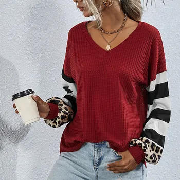 

Women Fashion V-neck Sweater Female Leopard Printing Pullover Ladies Splicing Long Sleeves Sweater Tops chompas para mujer 2020