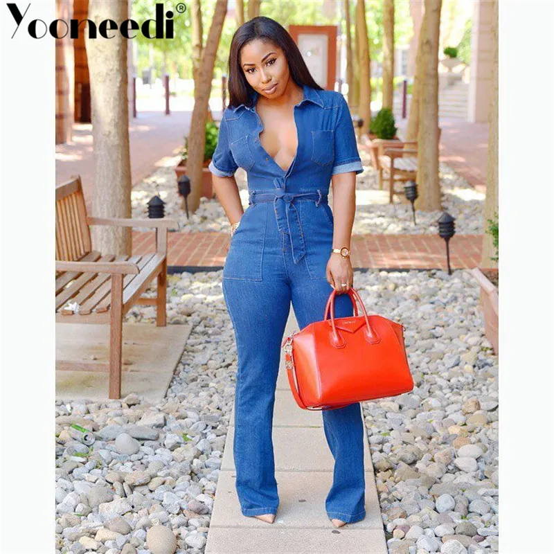 Yooneedi High Quality New Design Casual Women Denim Jumpsuits Color Solid Ladies Denim Rompers(with belt) SY0806