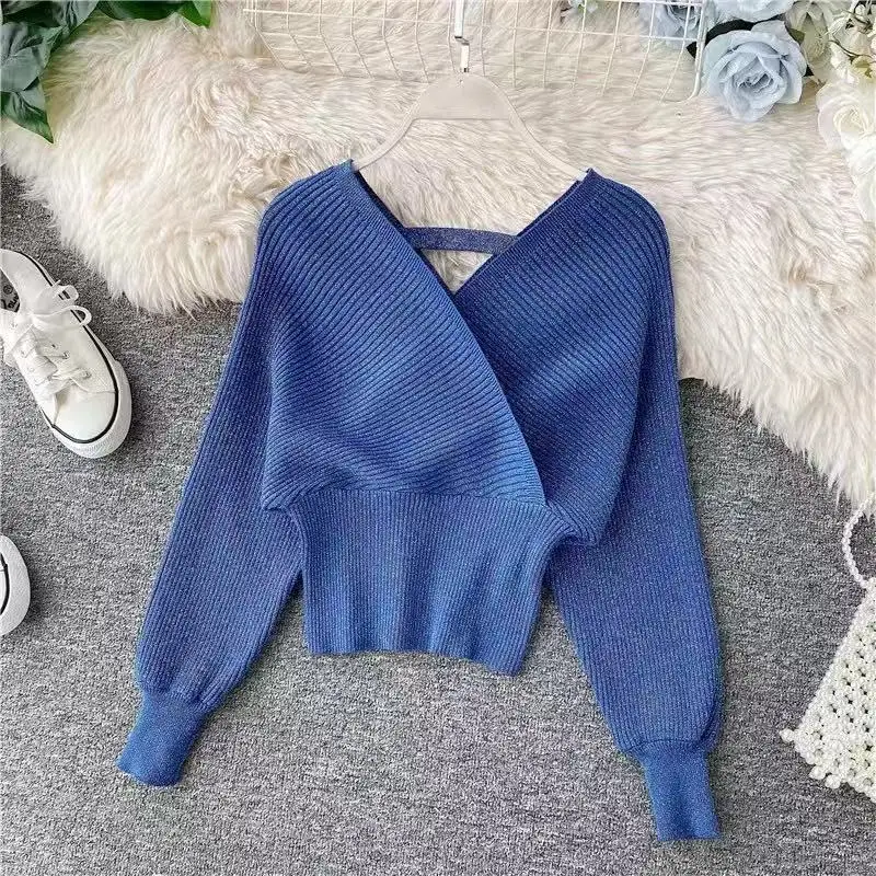

6 color 2020 winter knitted sweater top long sleeve v neck high waist pink sweater sexy mujer UM004