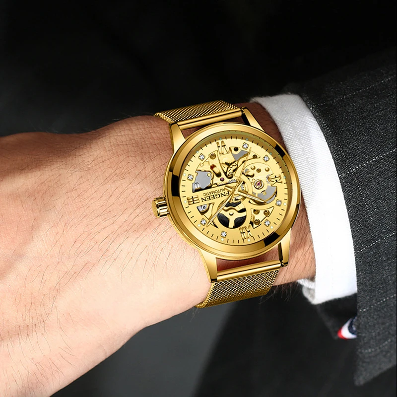 FNGEEN новые механические часы для мужчин Скелет дизайн лучший бренд класса люкс Золотой сетчатый ремешок водонепроницаемые мужские автоматические часы Reloj Hombre