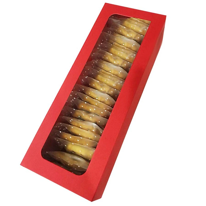 Red 10Pcs PVC Strip Kraft Paper Box Window Drawer Box Cow Rolling Biscuit Gelatin Cake Gift Box - Color: Red