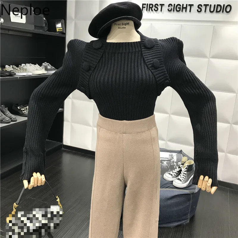 Neploe Slash шеи дизайн для женщин в стиле ретро Slim Fit нижние вязаный свитер с длинными рукавами и мини полоска, в виде пуговиц пуловеры осень-зима Pull Femme