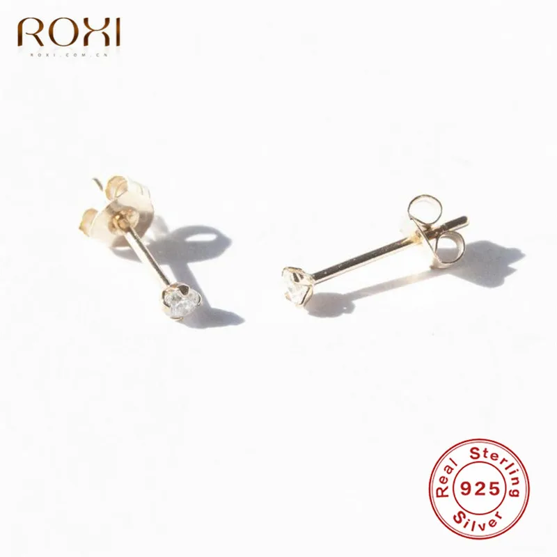 Серьги ROXI из стерлингового серебра 925 пробы, классические модные четыре когтя, циркониевые серьги-гвоздики для женщин, Свадебные обручальные ювелирные изделия для пирсинга - Окраска металла: Золотой цвет