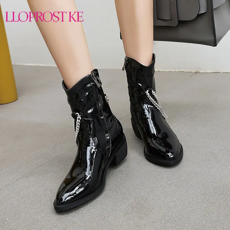 

Lloprost ke 2020 New Autumn Winter Brand women shoes Fashion Ankle Boots Round Toe Metal Chain Square Heels Casual shoes