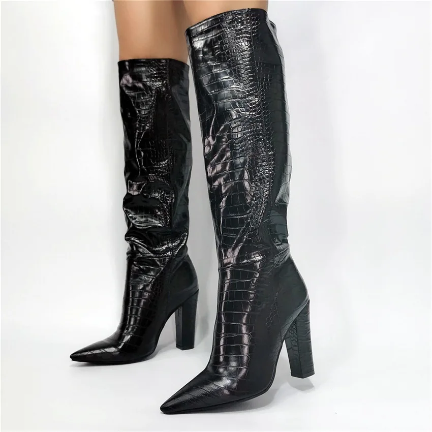 

Botas mujer crocodile pointed toe thick block high-heeled knee high length boots large size 47 sexy women long stretchy boots