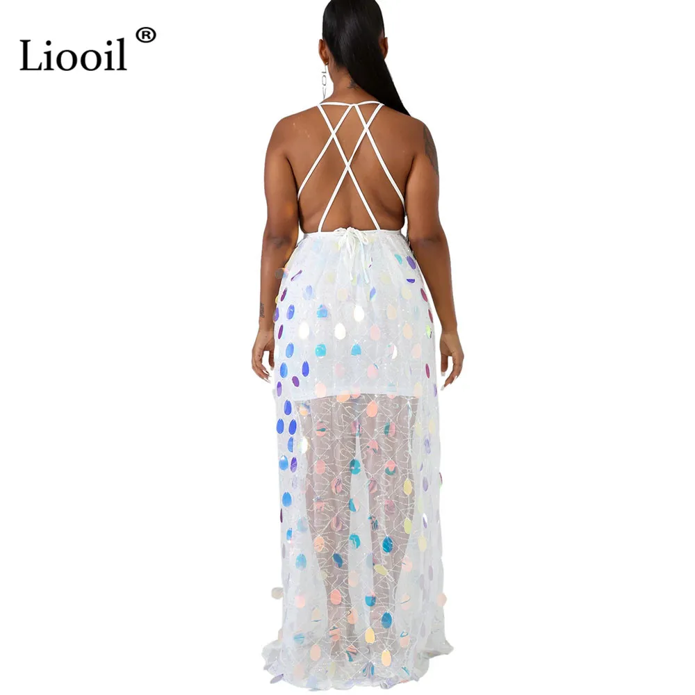 Liooil, черное, белое, с блестками, сексуальное, Бандажное, из прозрачной сетки, длинное платье макси,, без рукавов, с открытой спиной, просвечивают, Платья для вечеринок в ночном клубе
