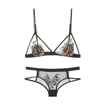 

Honviey embroidery ultra-thin triangle cup bra girls wirefree ladies sexy suit small chest underwear set lingerie Set Brassiere