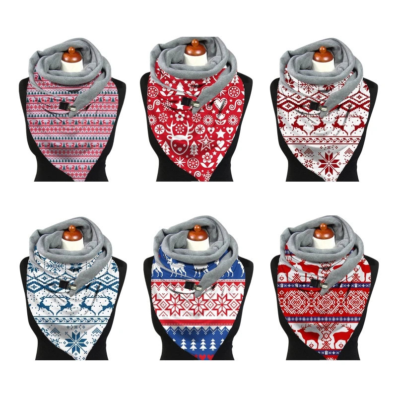 

Women Winter Warm Scarf Christmas Elk Snowflake Print Neck Warmer Snood with Clip Thermal Blanket Button Shawl Wrap