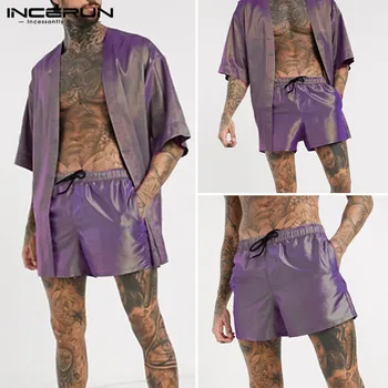 

INCERUN Summer Fashion Men Pajamas Sets Open Stitch Half Sleeve 2020 Cardigan Shorts Homewear Solid Chic Shiny Men Nightwear Set
