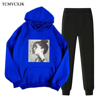 

2020 Autumn Winter Hooded Sweatshirt Two Piece Set Fashion Printing Casual Loose Plus Velvet Harajuku Printing Hoodies Women
