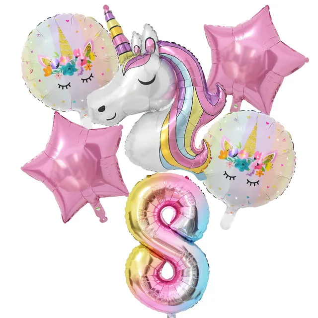 1Set Rainbow Unicorn Balloon 32 inch Number Foil Balloons 1st Kids Unicorn Theme Birthday Party Decorations Baby Shower Globos 6pcs number8 set