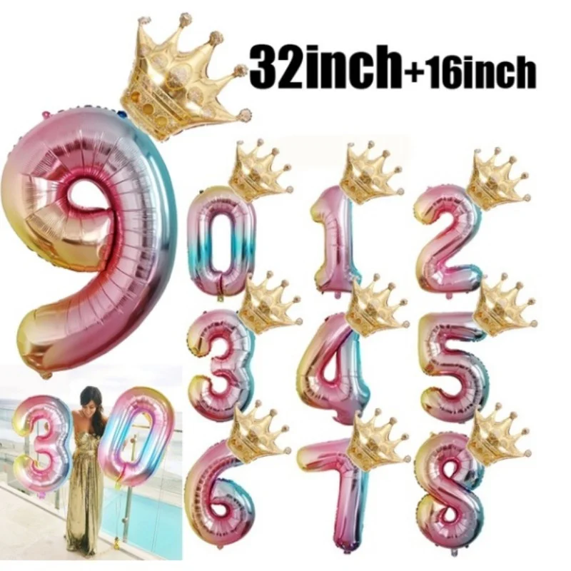 

32 Inch Gradient Color Aluminum Film Letter Balloon Crown Balloon Wedding Holiday Birthday Gift Home Party Decoration