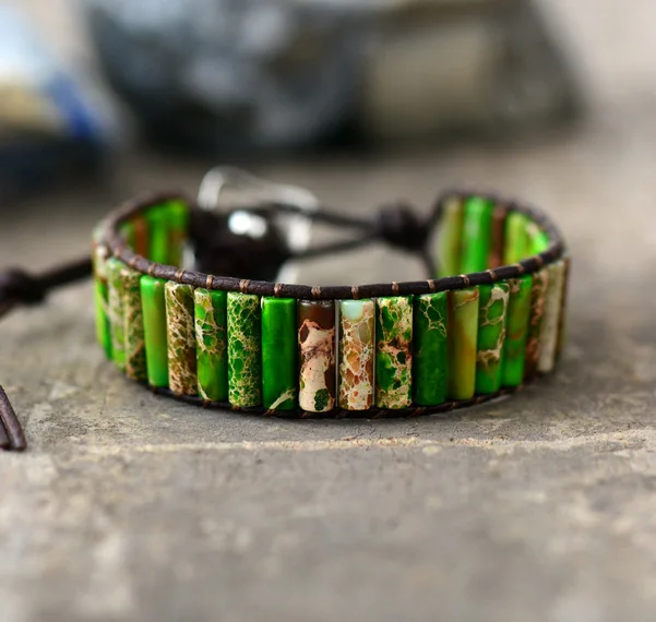 Зеленый Boho трубка браслета ФОРМА натуральный камень один кожаный браслет обруча полудрагоценный камень для женщин бисерный Браслет манжета Прямая поставка - Окраска металла: Зеленый