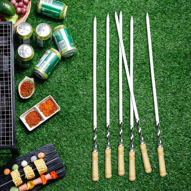 55 Cm 21,5 "Bbq Nyársai Hosszú Fogantyú Shish Kebab Barbecue Grill Stick Wood Bbq Villa Rozsdamentes Acél Szabadban Tű 6-12Db - Image 6