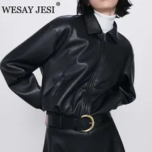 WESAY JESI Jacket Woman Fashion Autumn Solid Long Sleeve Women's Faux Leather Parka Black Zipper Cool Street Style Classic Coat