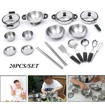 

20PCS Smooth Stainless Steel Kitchen Toy Stainless Steel Mini Play House Kitchen Model Cookware Kids Toy Children Gift