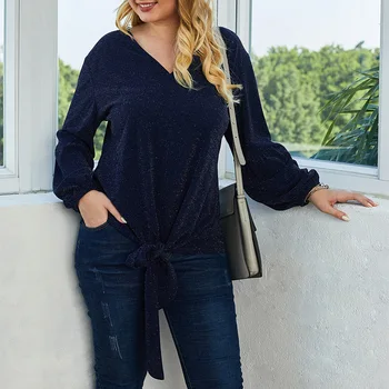 

Fashionable woman bright silk T-shirt V-neck long-sleeved top XL-4XL bow tie lace bottoming shirt clothing