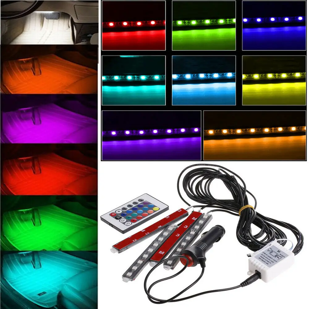 4 шт. 9LED пульт дистанционного управления красочный RGB интерьер автомобиля декор для пола 12 В огни Гибкая полоса атмосферная неоновая лампа