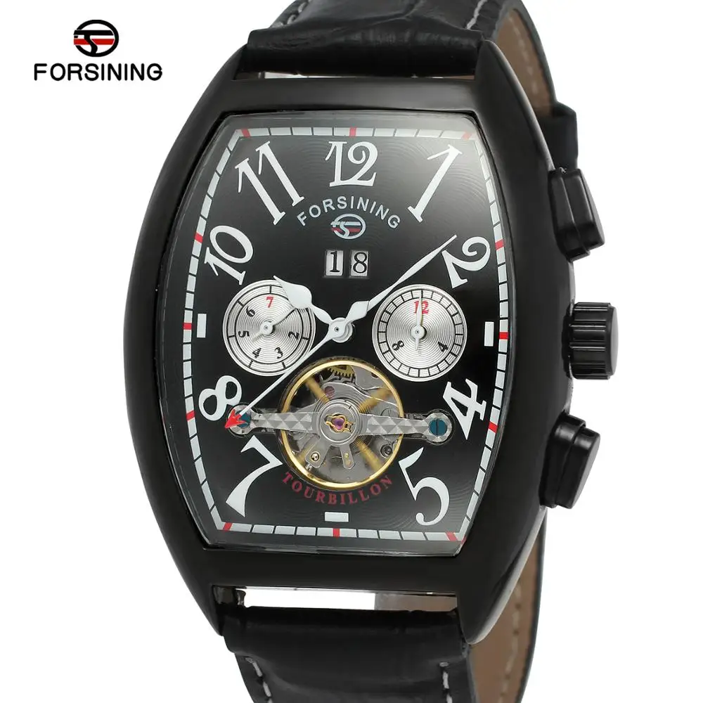 

Forsining Hot Sale Man Clock Mechanical Mens Watch Black Leather Strap Week Date Display Tourbillon Automatic Male Wrist Watches