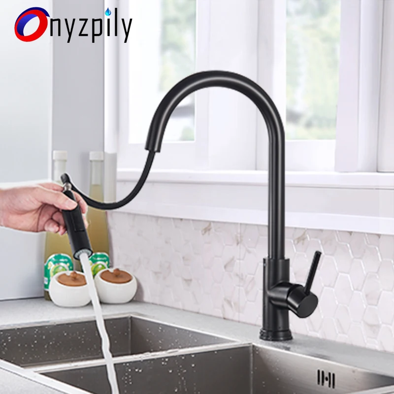 Черный кухонный кран Onyzpily, сенсорный, сенсационный, с поворотом на 360 градусов, выдвижной, с одной ручкой, смеситель, два режима воды, кран для раковины, для горячей и холодной воды