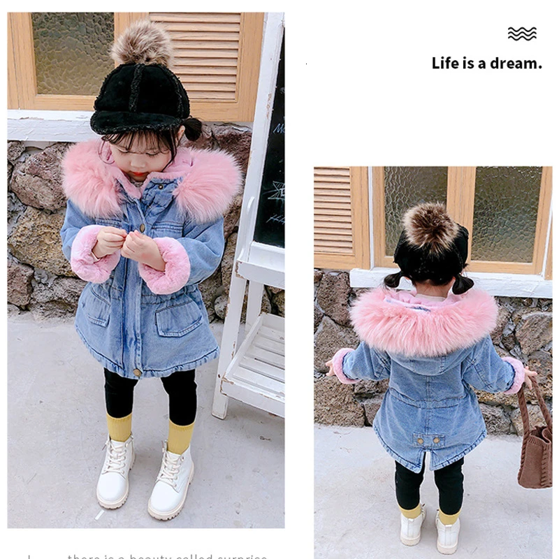 Детская зимняя куртка, джинсовая утепленная плюшевая парка для маленьких девочек, верхняя одежда с меховым капюшоном, детские зимние пальто