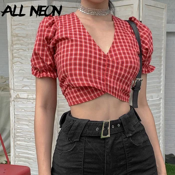 

ALLNeon E-girl Y2K Plaid Deep V Puff Sleeve Bandage Cropped T-shirts Vintage Lace up Sweet Casual Criss-cross Summer Red Tops