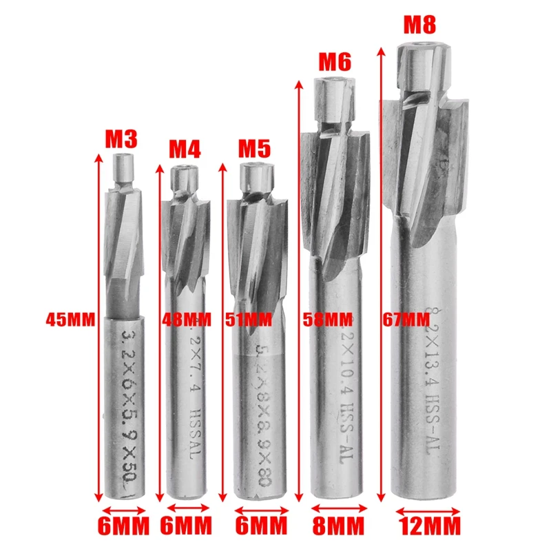 Hot 5Pcs HSS Counterbore End Mill M3 M8 Pilot Slotting Tool Milling
