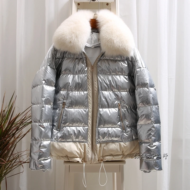 

2020 Women's Down Jacket Winter Silver Bright Coat Big Fox Fur Collar Short Duck Down Jacket Women Warm Coats KJ2547