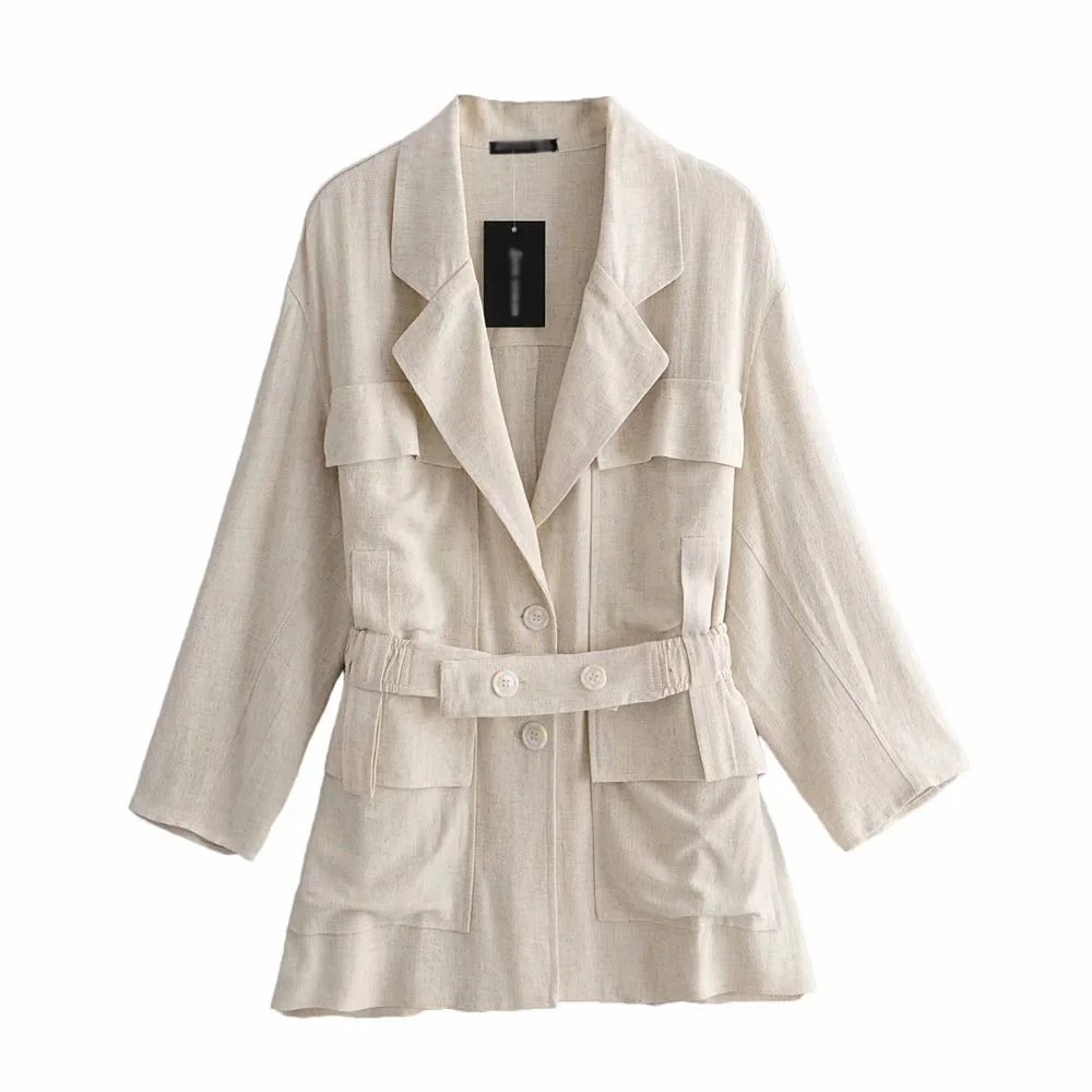 

Vintage women cotton linen loose jacket windbreaker elegant fashion ladies with belt casual long coat female feminine outerwear