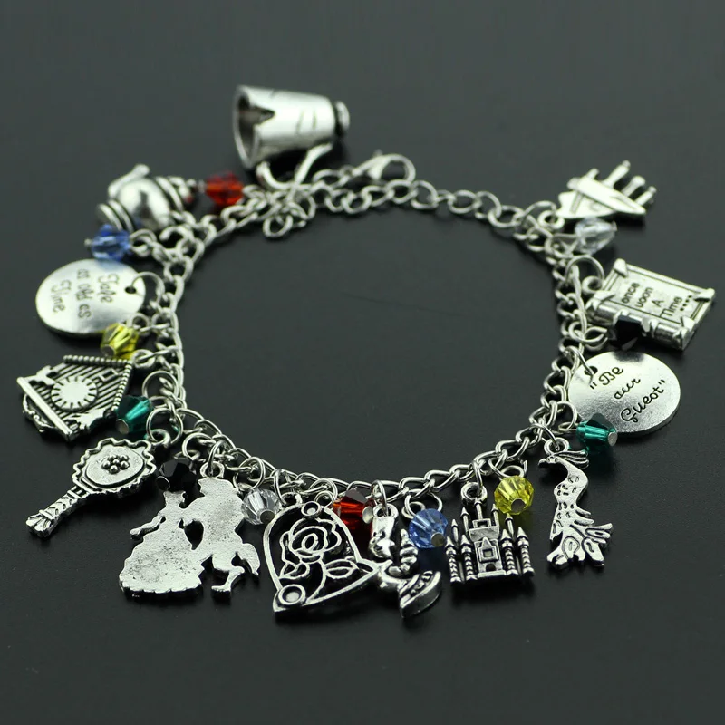 Beauty And The Beast Charm Bracelet Princess Belle And Beast Adam Rose Flower Pendant Bracelet Bangle Disney Anime Jewelry