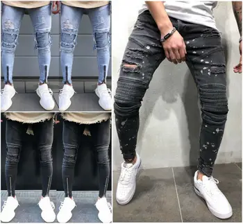 

2019 new Men Ripped Dot Printed Skinny Jeans Destroyed Frayed Slim Fit Denim Pant casual men slim hole Zipper balck jeans pants