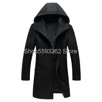 

Men's woolen coat men's long hooded casual coat men