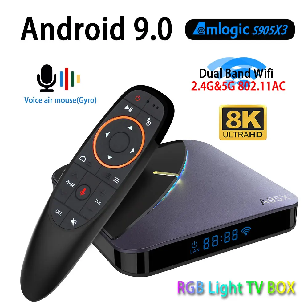 A95X F3 8K RGB светильник Android 9,0 ТВ приставка Amlogic S905X3 4 Гб 64 Гб двойной Wifi 4K 60fps Netflix Youtube телеприставка медиаплеер