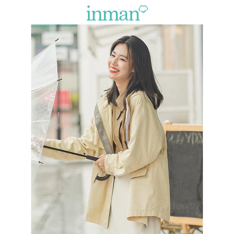 

INMAN 2019 Autumn New Arrival Fashion Contrast Hooded Fashion Drop-shoulder Sleeve Loose All Mathced Women Short Coat
