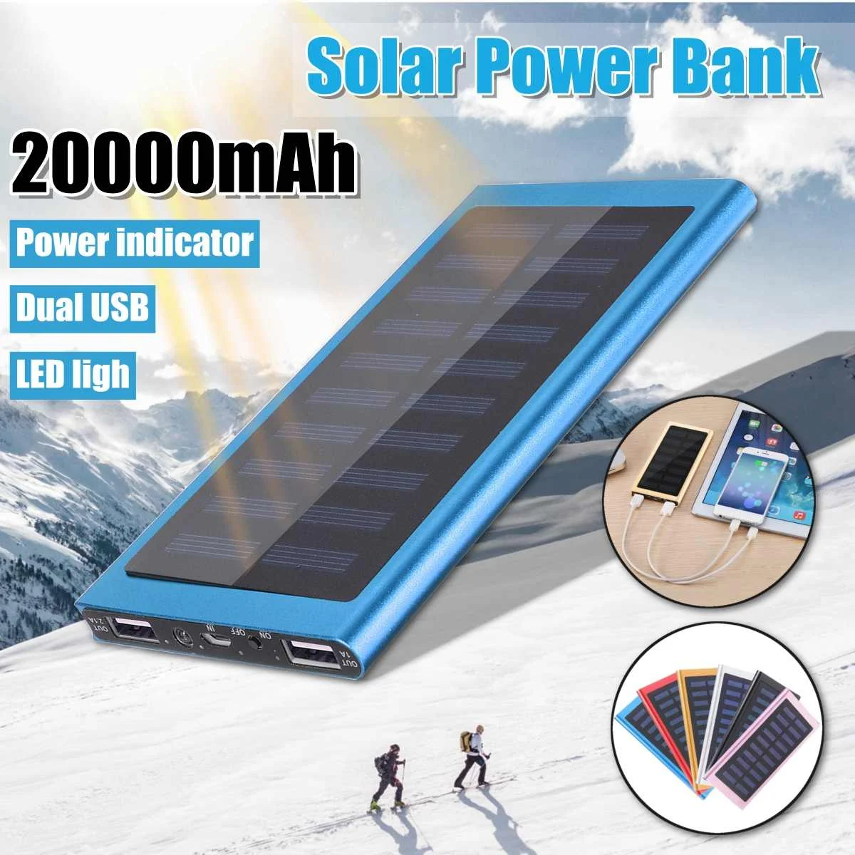 

Solar 20000mah Power Bank External Battery 2 USB LED Powerbank Portable Mobile phone Solar Charger for Xiaomi phone 7 8 Samsung