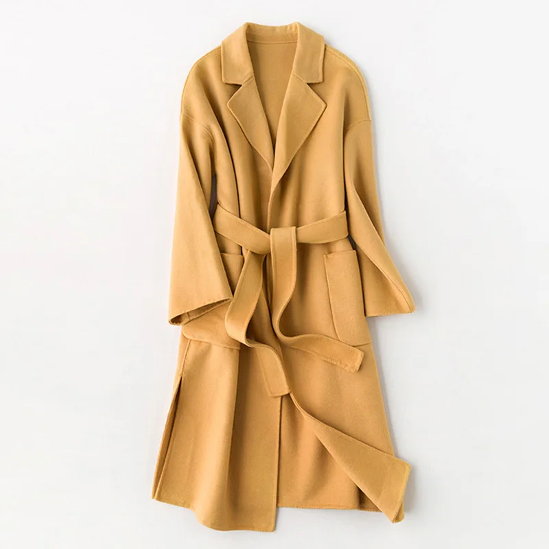 Женское Элегантное зимнее шерстяное длинное пальто с повязкой шерстяное пальто кардиган свободный простой женский халат Верхняя одежда XZ571