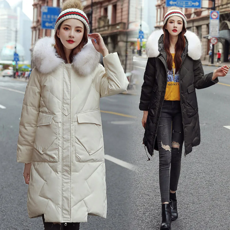 

2019 Winter New Style Fashion Hooded Large Fur Collar Cotton-padded Clothes Genuine Fur Collar Sweet Solid Color Natural